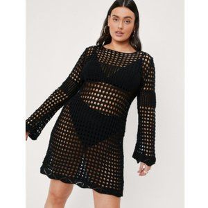 NWT Nasty Gal Crochet Long Sleeve Mini Swim Dress sz 14/16